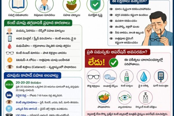 కంటి చూపు తగ్గిందా?ఆపరేషన్ అవసరం లేదని అనుకునే ముందు ఈ విషయాలు తప్పక తెలుసుకోండి!కంటి చూపు తగ్గిందా? ఆపరేషన్ అవసరమా? కారణాలు, చికిత్సలు, సహజ చిట్కాలు – పూర్తి సమాచారం కంటి చూపు తగ్గడానికి కారణాలు ఏమిటి? ప్రతి సందర్భంలో ఆపరేషన్ అవసరమా? సహజంగా చూపును ఎలా కాపాడుకోవాలి? నిపుణుల సూచనలతో పూర్తి తెలుగు గైడ్